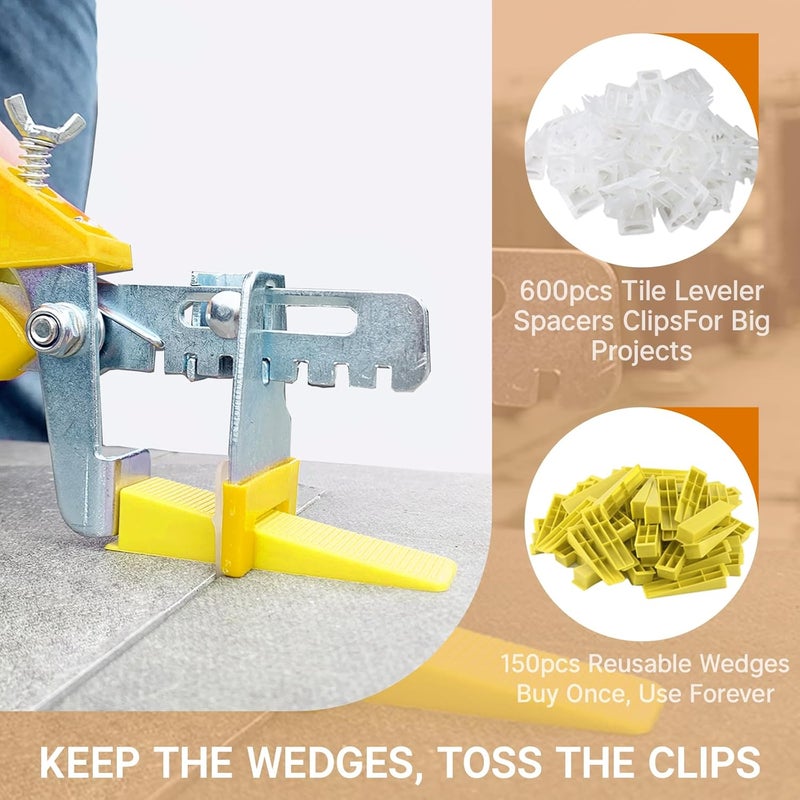 TEANTECH 1/8”Tile Leveling System Kit, 600pcs Tile Leveler Spacers Clips+150pcs Reusable Wedges+1pc Tile Pliers for Wall/Floor Tile Adjustment, Leveling Tile System for Ceramic Tile - Image 4